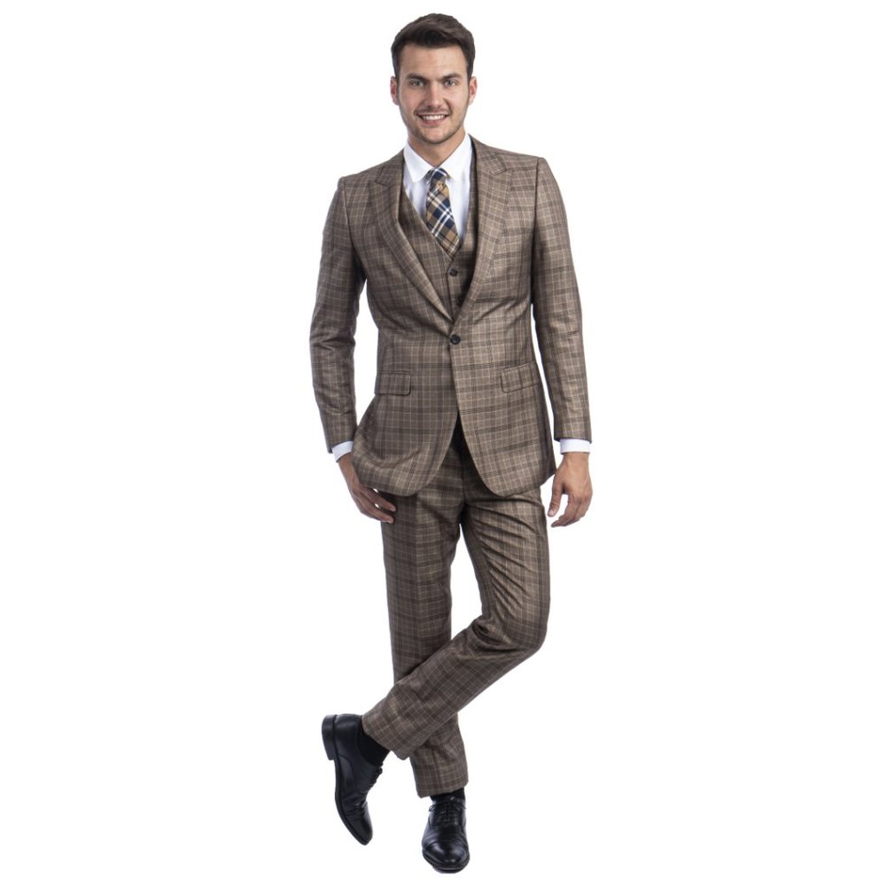 Brown Plaid 3pc Mens Slim Fit Suit by Tazio - Picture 3 of 4